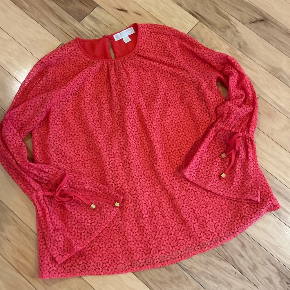 Michael Kors Vibrant Coral Crochet Lace Bell Sleeve Women’s Blouse